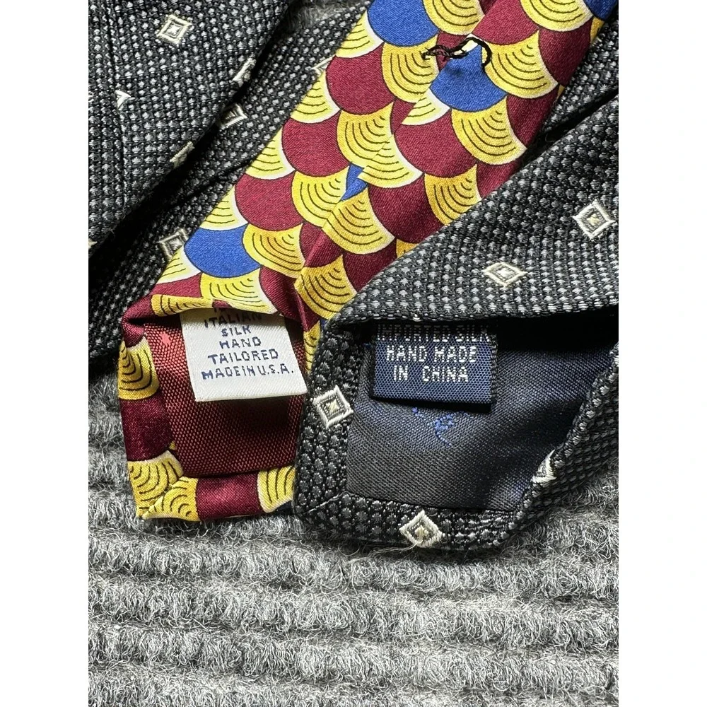 Paul Fredrick Ties Lot of 2 Mens Multicolor‎ Black Geometric Scallop Squares USA